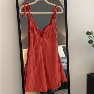 Coral summer mini dress with tie straps